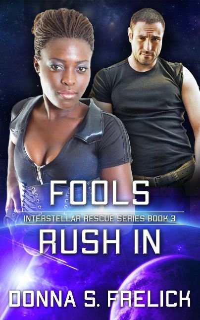Sexy black woman in futuristic uniform in foreground, sexy white male in black tee shirt in background over planets in purple colors